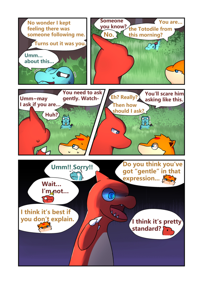 bodily_fluids charmeleon comic crying darrow0 english_text forest generation_1_pokemon generation_2_pokemon hi_res nintendo plant pokemon pokemon_(species) pol quilava speech_bubble tears text totodile tree video_games yuel
