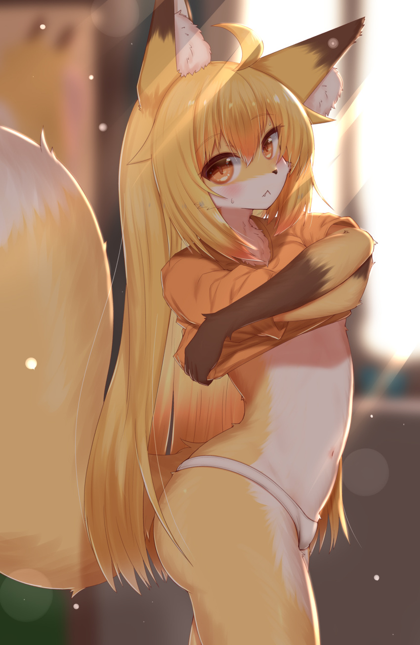 2022 amber_eyes anthro blonde_hair blush brown_body brown_fur canid canine clothing digital_media_(artwork) dipstick_ears dipstick_tail female female_anthro fluffy fox fur hair hi_res horokusa0519 kemono korai_(horokusa) long_hair looking_at_viewer mammal markings multicolored_body multicolored_ears multicolored_fur panties solo tail_markings underwear undressing white_body white_clothing white_fur white_panties white_underwear yellow_body yellow_fur