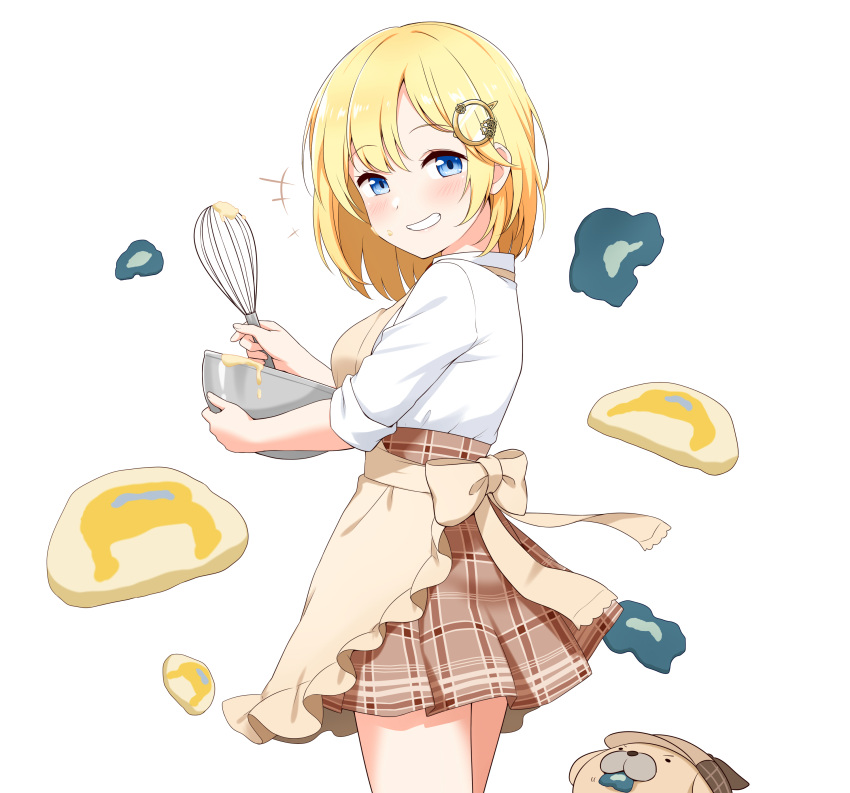 1girl absurdres among_us animal apron bangs blonde_hair blue_eyes blush bow breasts brown_apron brown_bow brown_skirt bubba_(watson_amelia) cowboy_shot cup dog felutiahime grin hair_ornament highres holding holding_cup holding_whisk hololive hololive_english large_breasts long_sleeves looking_up medium_hair monocle_hair_ornament plaid plaid_skirt shiny shiny_hair shirt skirt smile solo teeth virtual_youtuber watson_amelia whisk white_shirt