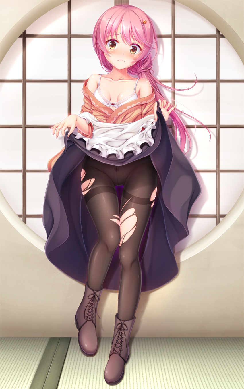 1girl black_pantyhose black_skirt blush boots bra breasts brown_eyes brown_footwear clothes_lift collarbone cross-laced_footwear full_body highres hiro_(725611) kurama_koharu lifted_by_self long_hair panties panties_under_pantyhose pantyhose pink_hair senren_banka skirt skirt_lift small_breasts solo standing thighband_pantyhose torn_pantyhose underwear white_bra white_panties