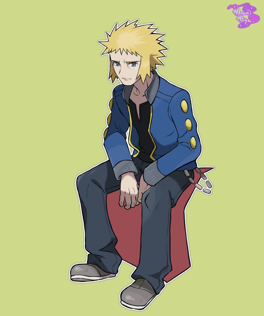 1boy arm_support black_shirt blonde_hair blue_eyes collarbone dreambig full_body green_background grey_footwear highres looking_at_viewer male_focus pokemon pokemon_(game) pokemon_dppt sad shirt signature sitting solo volkner_(pokemon)