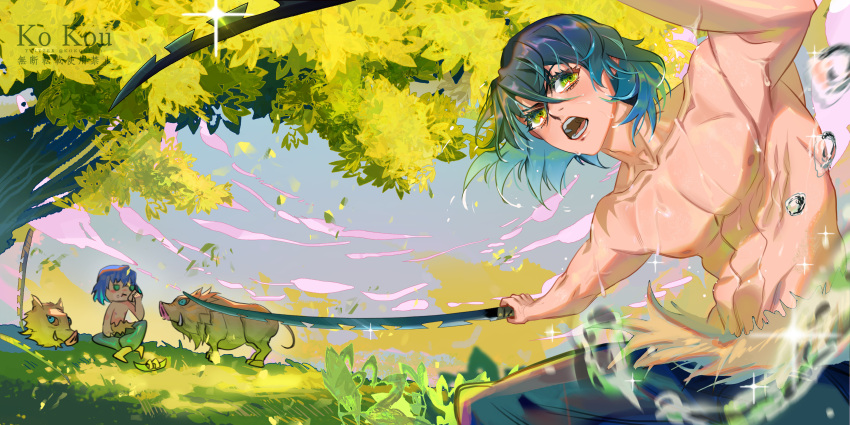 1boy abs absurdres aged_down bangs black_pants blue_hair boar boar_mask collarbone colored_inner_hair commentary_request dark_blue_hair dual_wielding eyelashes falling_leaves green_eyes greeny_(maindo) hair_between_eyes hashibira_inosuke highres holding holding_sword holding_weapon katana kimetsu_no_yaiba leaf male_focus multicolored_hair muscular muscular_male nipples open_mouth outdoors pants pectorals short_hair solo sparkle sword topless_male tree water water_drop weapon