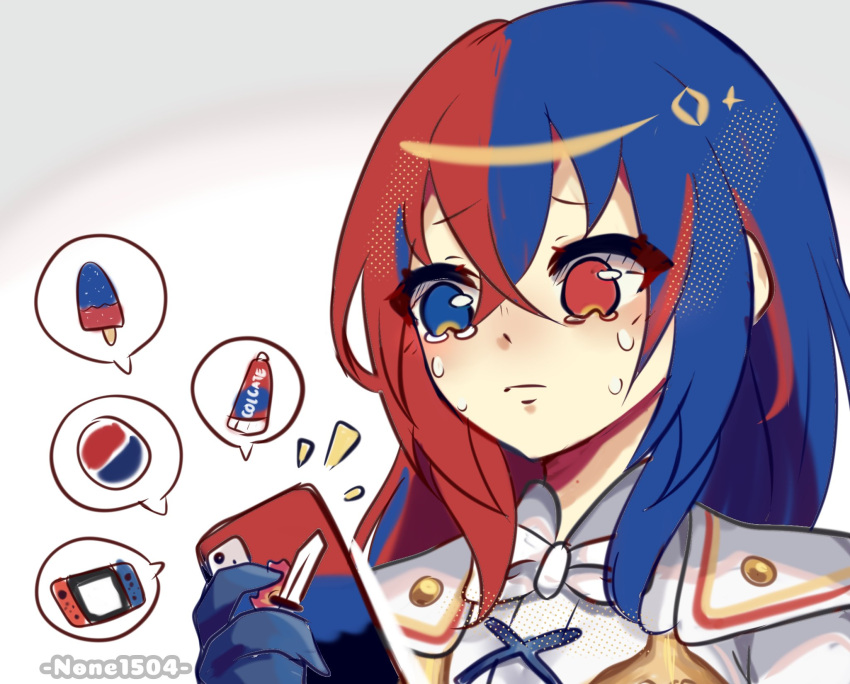 1girl alear_(fire_emblem) alear_(fire_emblem)_(female) among_us among_us_eyes_(meme) blue_eyes blue_hair bow cellphone colgate color_connection fire_emblem fire_emblem_engage food heterochromia highres meme multicolored_hair nintendo_switch none1504 pepsi phone popsicle red_eyes red_hair smartphone solo sweat tears toothpaste watermark white_bow