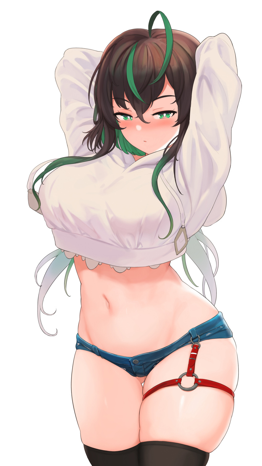 1girl absurdres ahoge arms_behind_head arms_up ass_visible_through_thighs bangs black_hair black_thighhighs blush breasts bright_pupils colored_inner_hair cowboy_shot crop_top crop_top_overhang cropped_hoodie denim denim_shorts drawstring green_eyes green_hair hair_between_eyes half-closed_eyes highres hood hoodie large_breasts long_hair looking_at_viewer micro_shorts midriff multicolored_hair navel nijisanji nijisanji_kr o-ring open_mouth riba shin_yuya shorts sidelocks signature simple_background skindentation solo stomach streaked_hair thigh_gap thigh_strap thighhighs thighs twitter_username virtual_youtuber white_hoodie