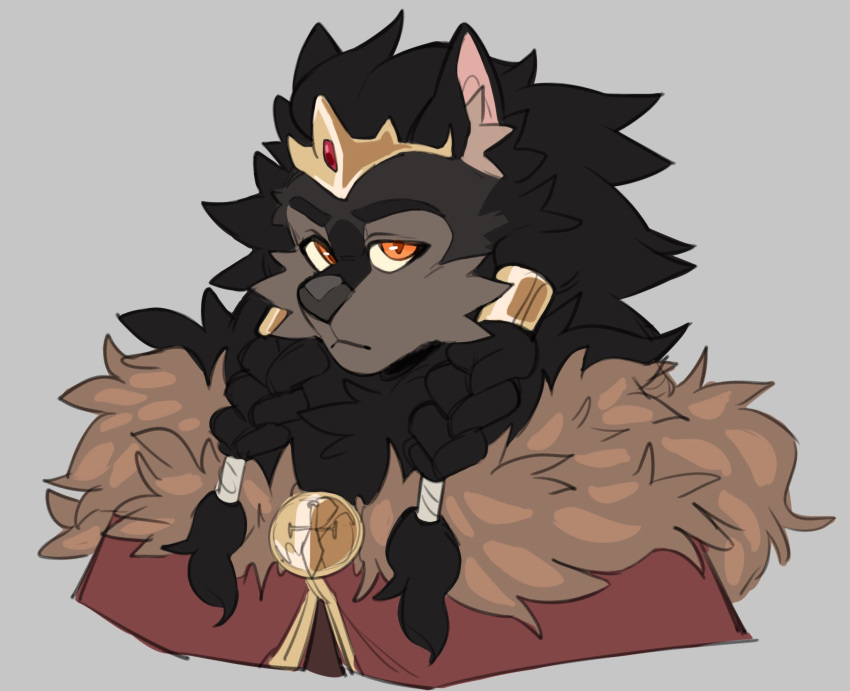 anthro black_hair braided_hair canid canine canis cheek_tuft clothed clothing crown digital_media_(artwork) facial_tuft frown fur hair hi_res king long_hair looking_at_viewer male mammal orange_eyes portrait punkinbuu royalty shaded simple_background solo topwear tuft