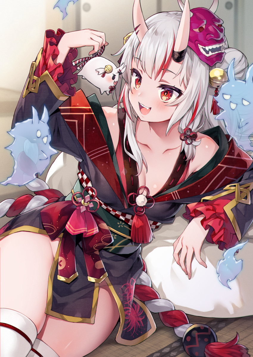 1girl ayaoshiro bare_shoulders bell black_kimono breasts chinese_knot cleavage collarbone double_bun fang frilled_sleeves frills gold_trim groin hair_bell hair_bun hair_ornament highres hololive horns japanese_clothes jingle_bell karma_(nakiri_ayame) kimono kouhaku_nawa long_hair long_sleeves lying mask mask_on_head multicolored_hair nakiri_ayame off_shoulder on_side oni oni_horns oni_mask open_mouth poyoyo_(nakiri_ayame) red_eyes red_hair rope shimenawa shiranui_(nakiri_ayame) short_kimono skin-covered_horns smile streaked_hair tassel tassel_hair_ornament thighhighs two_side_up virtual_youtuber white_hair white_thighhighs wide_sleeves zettai_ryouiki