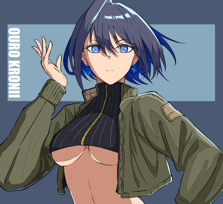 1girl absurdres black_tank_top blue_eyes blue_hair bow bow_earrings breasts character_name cropped_jacket earrings green_jacket hair_between_eyes hair_intakes hand_up highres hololive hololive_english jacket jewelry large_breasts long_sleeves looking_at_viewer open_clothes open_jacket ouro_kronii short_hair solo sumosumo tank_top two-tone_background underboob upper_body virtual_youtuber