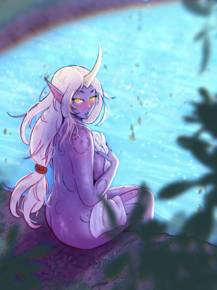 bathing big_breasts breasts butt female glowing glowing_eyes hair hi_res horn horned_humanoid humanoid humanoid_pointy_ears league_of_legends lips looking_at_viewer looking_back nude plant ponytail purple_body purple_lips purple_skin rear_view riot_games shy sitting skcatzy solo soraka tattoo towel video_games water wet white_hair wide_hips yellow_eyes