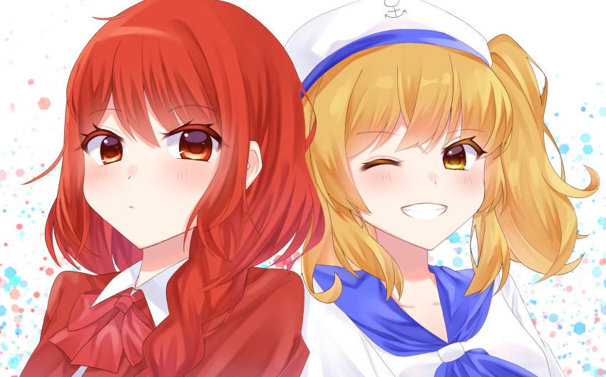 2girls anchor_symbol bangs blonde_hair blue_neckerchief blue_sailor_collar blush bow bowtie braid breasts capelet closed_mouth collarbone collared_shirt commentary_request grin hat highres kitashirakawa_chiyuri long_hair medium_breasts milll_77 multiple_girls neckerchief one_eye_closed puffy_short_sleeves puffy_sleeves red_bow red_bowtie red_capelet red_eyes red_hair red_vest sailor sailor_collar sailor_hat sailor_shirt shirt short_sleeves side_braid single_braid smile touhou touhou_(pc-98) two_side_up uniform upper_body vest white_headwear white_shirt yellow_eyes