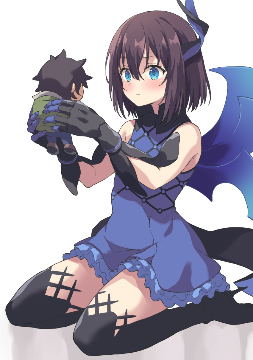 1girl bangs bare_shoulders black_footwear black_gloves blue_dress blue_eyes blue_wings blush boots brown_hair closed_mouth commentary_request dragon_girl dragon_horns dragon_tail dress engage_kiss frilled_dress frills gloves hair_between_eyes high_heel_boots high_heels highres holding horns ogata_kanna_(engage_kiss) rasahan shadow single_horn single_wing sitting sleeveless sleeveless_dress tail thigh_boots wariza white_background wings