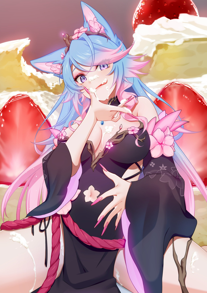 1girl absurdres animal_ear_fluff animal_ears bangs black_kimono black_sleeves blue_eyes blue_hair breasts cake cherry_blossom_print cherry_blossoms cleavage clothing_cutout commentary detached_sleeves english_commentary eyes_visible_through_hair floral_print flower food hair_flower hair_ornament highres icing japanese_clothes kimono koyubi_maru large_breasts licking_lips looking_at_viewer multicolored_hair nail_polish navel navel_cutout pink_hair pink_nails second-party_source silvervale streaked_hair swept_bangs thighhighs tongue tongue_out virtual_youtuber vshojo white_thighhighs wolf_ears wolf_girl