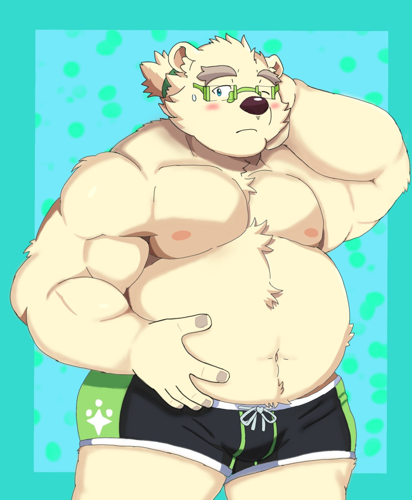 2022 anthro belly big_belly blush bulge clothing cocochu_samo eyewear glasses hi_res humanoid_hands kemono leib_(tas) lifewonders male mammal moobs nipples one_eye_closed overweight overweight_male polar_bear solo tokyo_afterschool_summoners underwear ursid ursine video_games