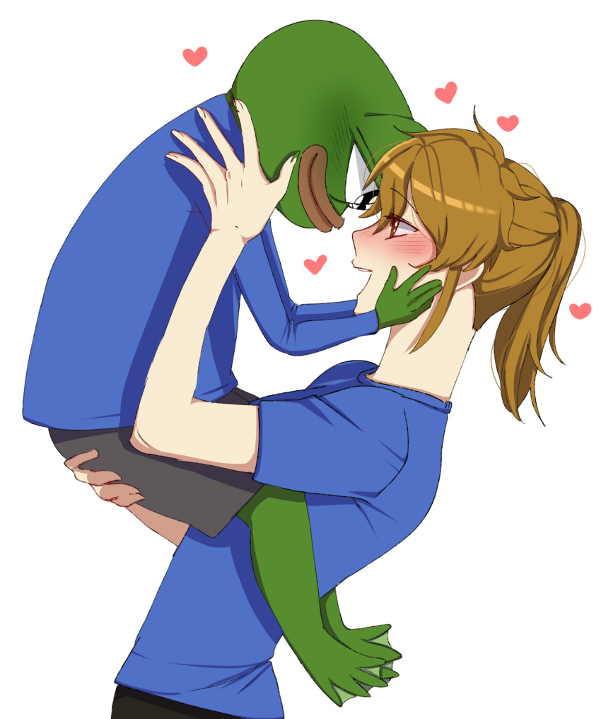 ashbie_the_aspie_girl blush couple highres hug non-web_source original pepe_the_frog