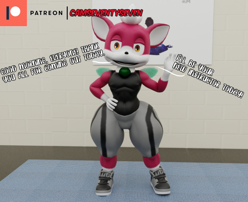 3d_(artwork) anthro black_clothing black_footwear black_shoes camseven chip_(sonic) clothing digital_media_(artwork) footwear fur gesture girly hair hand_on_hip hi_res looking_at_viewer male mammal navel_outline nipple_outline red_body red_fur sega smile solo sonic_the_hedgehog_(series) sonic_unleashed teapot_(body_type) thick_thighs tight_clothing unknown_species watermark waving white_hair wide_hips wings yoga_mat