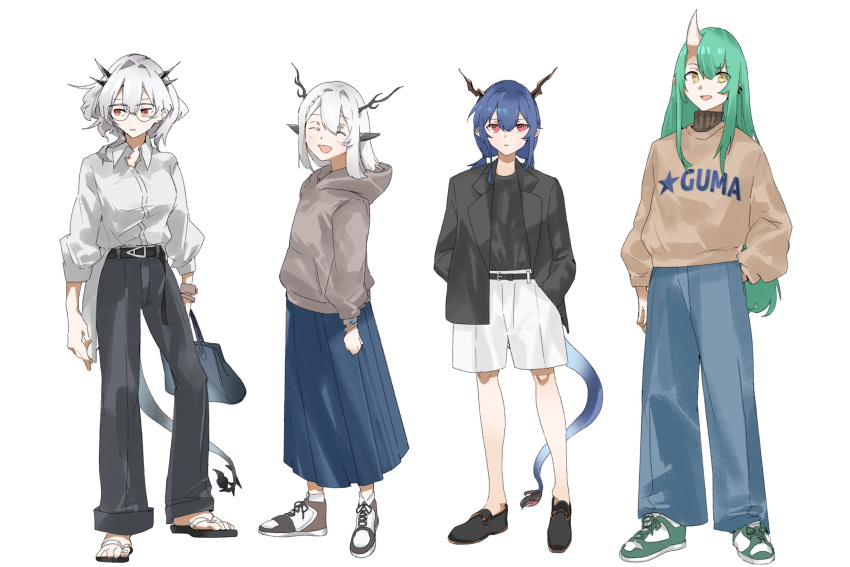 4girls alina_(arknights) animal_ears arknights belt bespectacled black_belt black_footwear black_jacket black_pants black_shirt blue_hair blue_pants blue_skirt brown_footwear brown_sweater ch'en_(arknights) character_name chiriejjiyo clothes_writing collared_shirt deer_antlers deer_ears deer_girl dragon_girl dragon_horns flame-tipped_tail full_body glasses green_eyes green_hair grey_hair hand_in_pocket hands_in_pockets highres hood hooded_sweater horns hoshiguma_(arknights) jacket lapels long_hair long_skirt long_sleeves medium_hair multiple_girls oni_horns open_clothes open_jacket pants pleated_skirt red_eyes sandals shirt shirt_tucked_in shoes short_hair shorts siblings simple_background single_horn sisters skin-covered_horns skirt standing sweater talulah_(arknights) very_long_hair white_background white_shirt white_shorts yellow_eyes