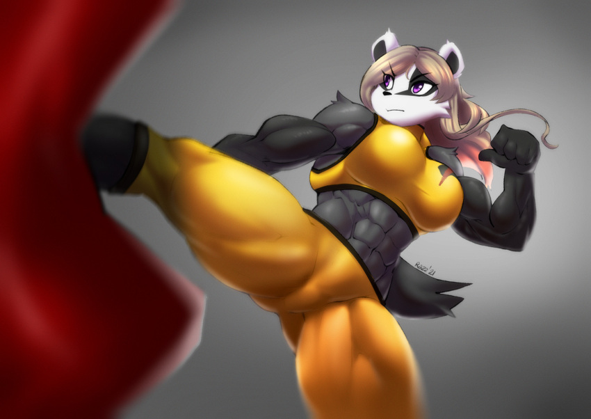 abs anthro athletic athletic_female badger black_body black_fur breasts female fur kick liz_(mykegreywolf) mammal muscular muscular_anthro muscular_female mustelid musteline punching_bag razzberryboat solo