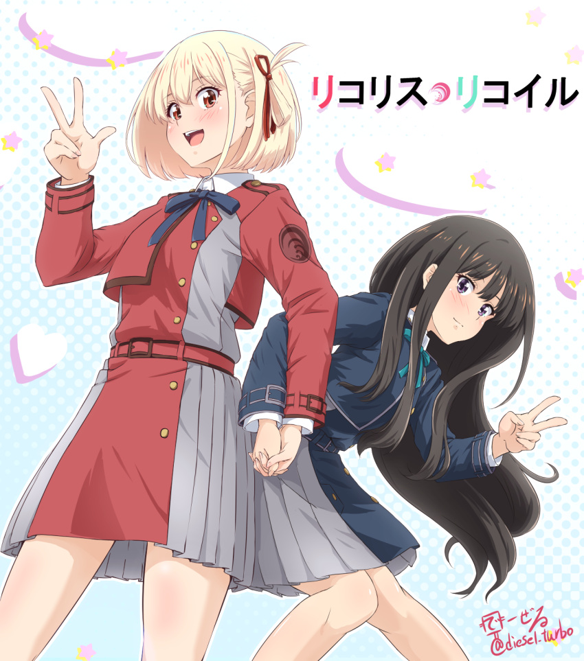 2girls artist_logo bangs black_hair blonde_hair blue_dress bob_cut commentary_request diesel-turbo dress grey_dress hair_ribbon highres inoue_takina long_hair lycoris_recoil lycoris_uniform multiple_girls nishikigi_chisato pleated_dress purple_eyes red_dress red_eyes red_ribbon ribbon school_uniform short_hair standing two-tone_dress