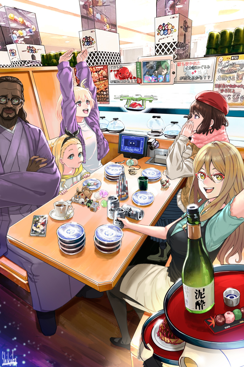 1boy 4girls absurdres alcohol artist_name beard black_hair blonde_hair blue_eyes bottle breasts camera computer cup dark-skinned_male dark_skin facial_hair food glasses green_eyes hat highres hood hoodie indoors inoue_takina jacket japanese_clothes kimono kurumi_(lycoris_recoil) large_breasts light_brown_hair long_hair looking_at_viewer lycoris_recoil majima_(lycoris_recoil) medium_hair mika_(lycoris_recoil) multiple_girls mustache nakahara_mizuki nishikigi_chisato open_mouth plate purple_eyes red-framed_eyewear red_eyes restaurant robota_(lycoris_recoil) sake scarf shirt shoes sitting skirt smile stuffed_toy sushi t-shirt tea teacup teeth tokishima_sikuka tray upper_teeth yellow_eyes