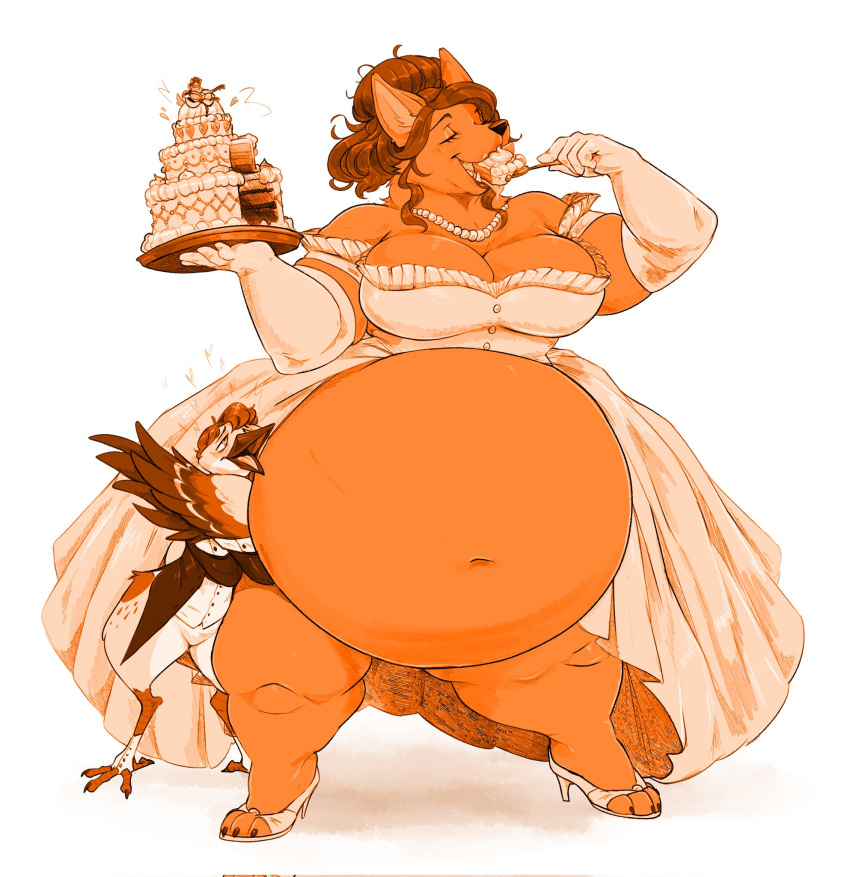 anthro avian belly big_belly big_breasts bird breasts cake canid canine cleavage clothed clothing dessert dress duo eating eyes_closed female food footwear hi_res high_heels holding_food holding_object husband_and_wife larger_female mammal married_couple navel obese obese_anthro obese_female open_mouth overweight overweight_anthro overweight_female simple_background size_difference wedding_cake wedding_dress white_background whorgi