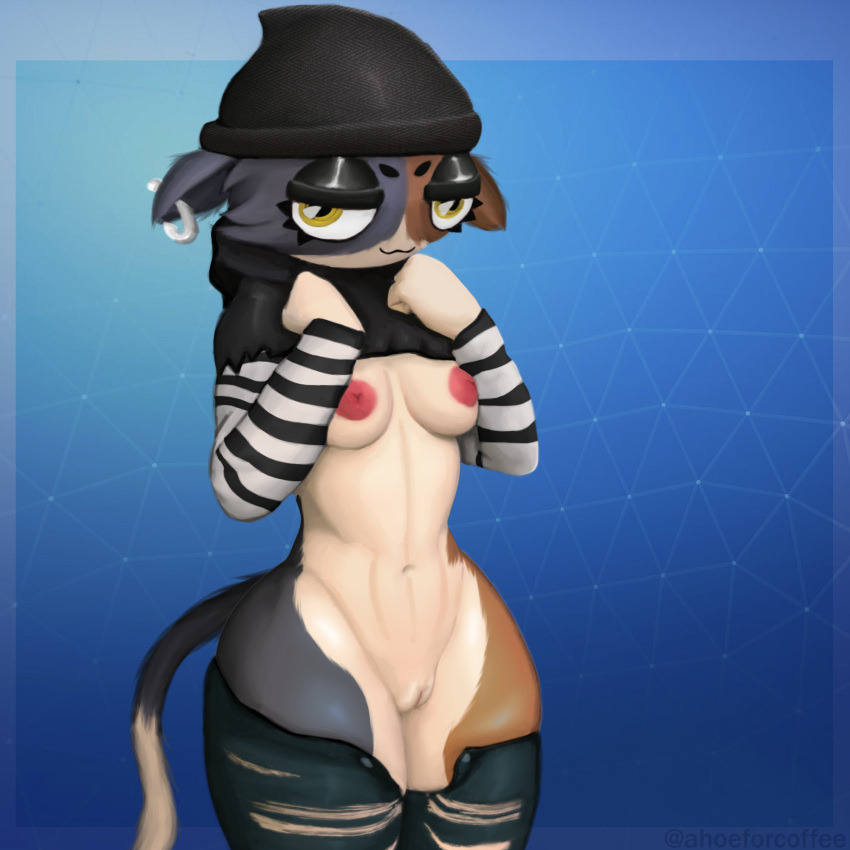 anthro areola beanie black_clothing black_hoodie black_topwear blue_background blue_bottomwear blue_clothing blue_pants bottomwear breasts calico_cat clothed clothing clothing_lift coffeewithdicks domestic_cat ear_piercing epic_games felid feline felis female flashing flashing_breasts fortnite fur genitals gradient_background half-closed_eyes hat headgear headwear hi_res hoodie humanoid lidded_eyes looking_at_viewer mammal meow_skulls_(fortnite) mottled multicolored_body multicolored_fur narrowed_eyes nipples pants piebald piercing presenting_belly presenting_body pussy simple_background small_breasts solo topwear torn_clothing undressing video_games wide_hips yellow_eyes