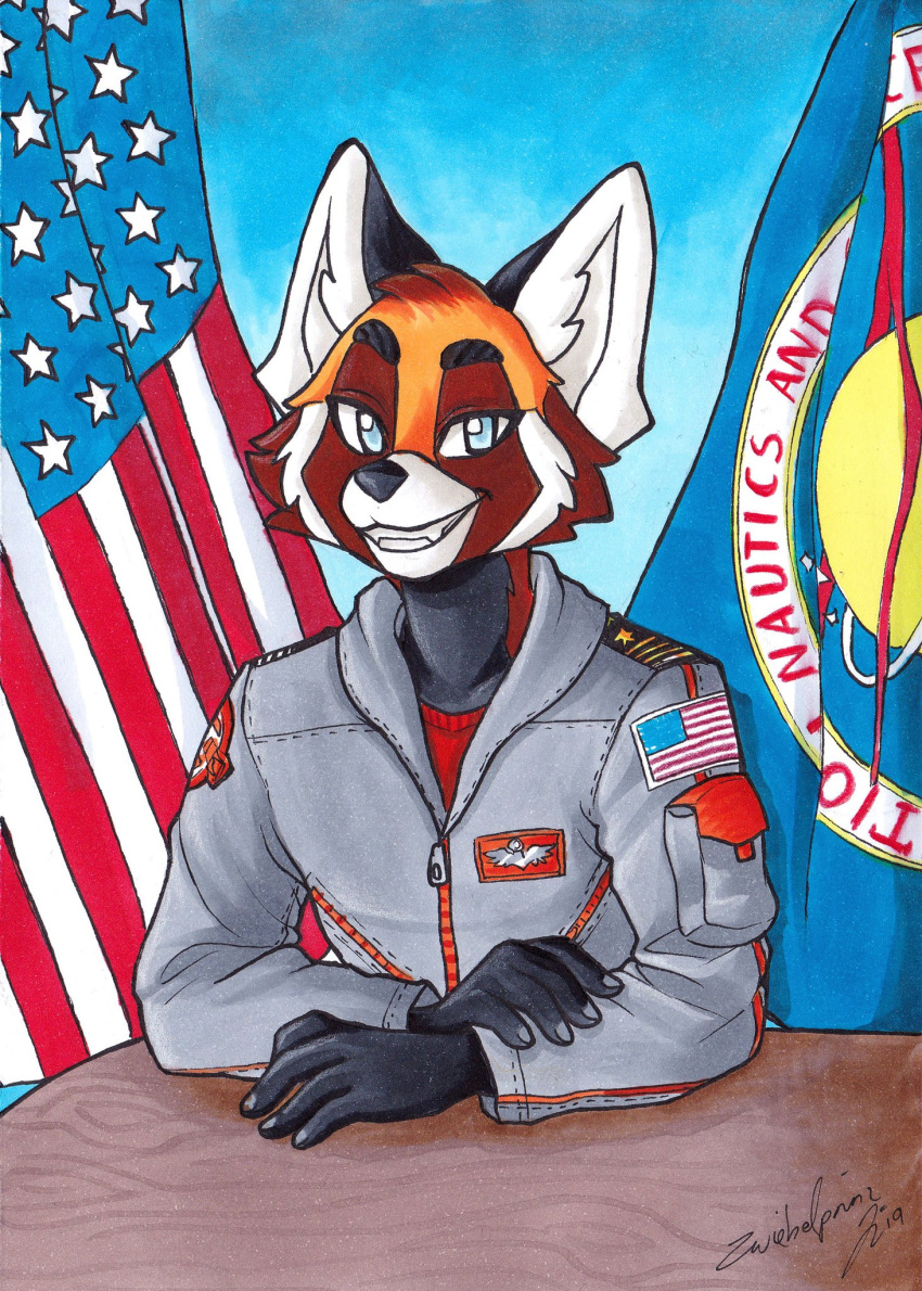 ailurid anthro big_ears charlie_(razumi) clothing dark_body dark_fur flag fur furniture hi_res jumpsuit male mammal nasa orange_body orange_fur patch_(disambiguation) pose red_body red_fur red_panda sitting smile solo table teeth traditional_media_(artwork) uniform us_flag white_body white_fur zwiebelprinz