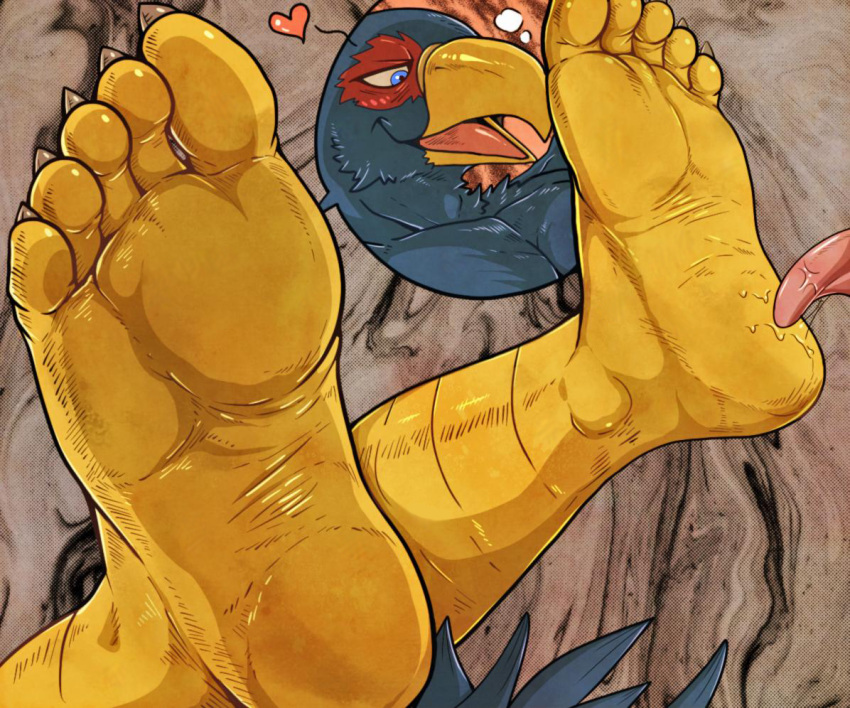 &lt;3 5_toes avian beak bird blue_eyes bodily_fluids claws falco_lombardi feet foot_fetish foot_focus foot_lick foot_play humanoid_feet licking male nintendo saliva simple_background smile soles solo star_fox tan_(artist) toe_claws toes tongue tongue_out video_games yellow_feet