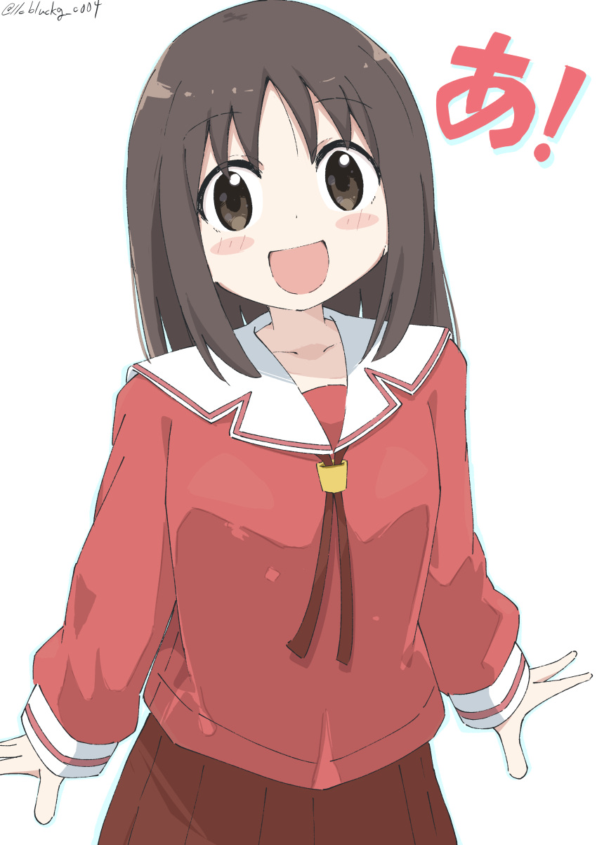 1girl :d a_(phrase) absurdres azumanga_daioh azumanga_daioh's_school_uniform bangs blush brown_eyes brown_hair commentary cynical_(llcbluckg_c004) highres kasuga_ayumu long_hair long_sleeves looking_at_viewer neck_ribbon open_mouth pleated_skirt red_ribbon red_shirt red_skirt ribbon sailor_collar school_uniform shirt simple_background skirt smile solo twitter_username white_background white_sailor_collar