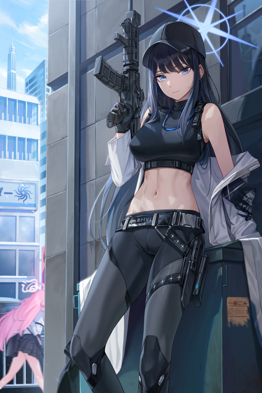 2girls absurdres assault_rifle bangs bare_shoulders belt black_gloves black_hair blue_archive blue_eyes breasts cryturtle gloves gun halo hat highres holding holding_gun holding_weapon hoshino_(blue_archive) jacket knife long_hair looking_at_viewer midriff multiple_girls navel off_shoulder pink_hair pleated_skirt rifle saori_(blue_archive) sheath sheathed skirt smile solo_focus weapon