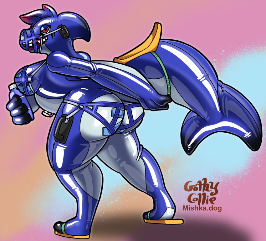 animate_inanimate anthro breasts butt female fish glistening glistening_body gothycollie inflatable living_inflatable marine muzzle_(object) muzzled nintendo pool_toy presenting presenting_hindquarters reefslider saddle shark shark_tail solo splatoon splatoon_(series) splatoon_3 video_games