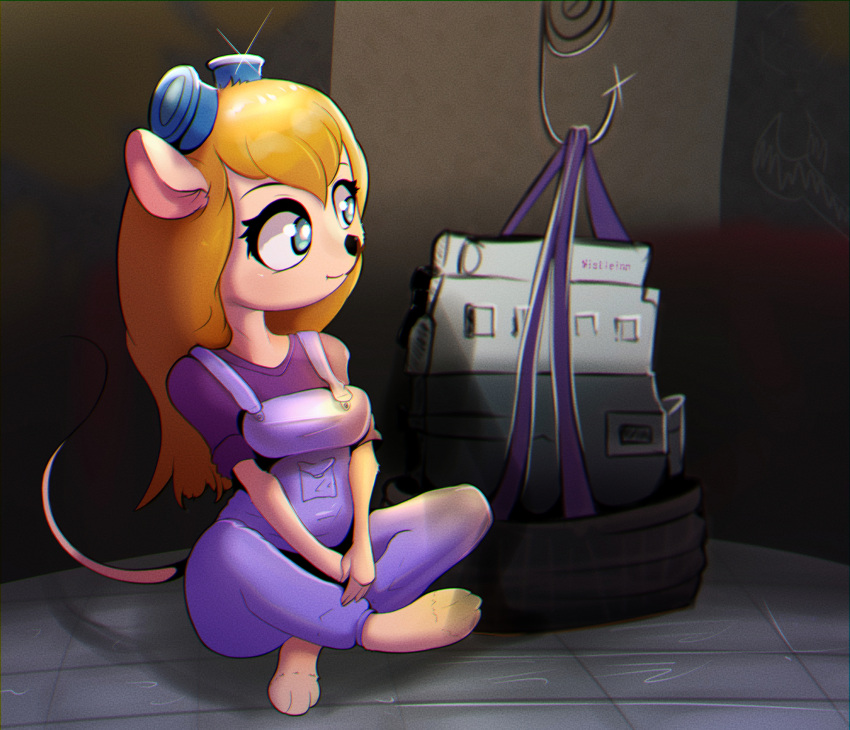 anthro breasts chip_'n_dale_rescue_rangers clothing disney engine eyewear female gadget_hackwrench glasses hi_res mammal mistleinn mouse murid murine overalls rodent sitting smile solo tail