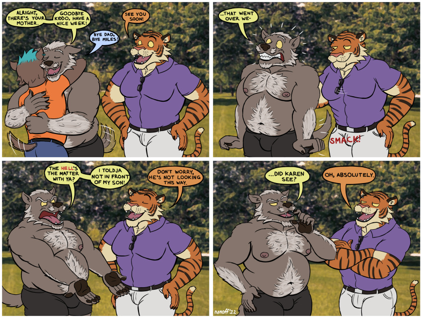absurd_res anthro boomer_(nanoff) bottomwear butt_slap canid canine canis clothing comic dress_shirt duo embrace father father_and_child father_and_son felid group hi_res hug male male/male mammal mature_male miles_(nanoff) musclegut muscular muscular_male nanoff pantherine parent parent_and_child shirt shirtless_male shorts slap smack_(sound_effect) son tail_motion tailwag tiger topwear trio wolf zoomer_(nanoff)