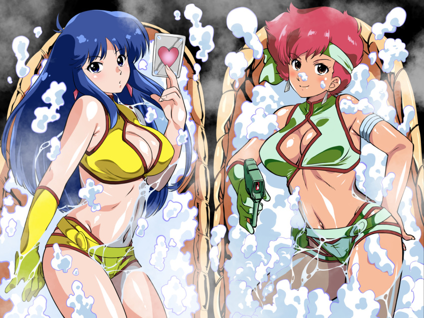 2girls bandana blue_eyes blue_hair blush breasts brown_eyes bubble card cleavage dirty_pair gloves gun holding holding_card holding_gun holding_weapon kei_(dirty_pair) long_hair looking_at_viewer multiple_girls navel ohtado red_hair short_hair single_glove smile water weapon yellow_gloves yuri_(dirty_pair)