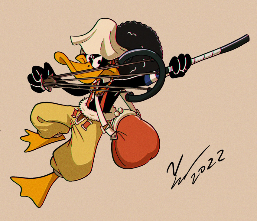 2022 4_fingers anatid anseriform anthro avian beak bird black_body clothed clothing cosplay crossover crossover_cosplay daffy_duck duck fingers full-length_portrait hi_res looney_tunes male one_piece portrait ranged_weapon signature simple_background slingshot solo usopp warner_brothers weapon year yeaunganimation