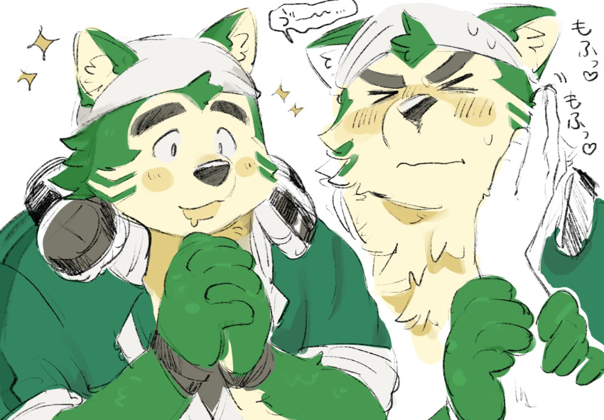 &lt;3 anthro bandanna blush canid canine canis domestic_dog embarrassed eyebrows fluffy fur green_body green_fur headphones headphones_around_neck hi_res kerchief lifewonders live-a-hero male mammal mokdai petting sparkles thick_eyebrows touuuda video_games ⁹