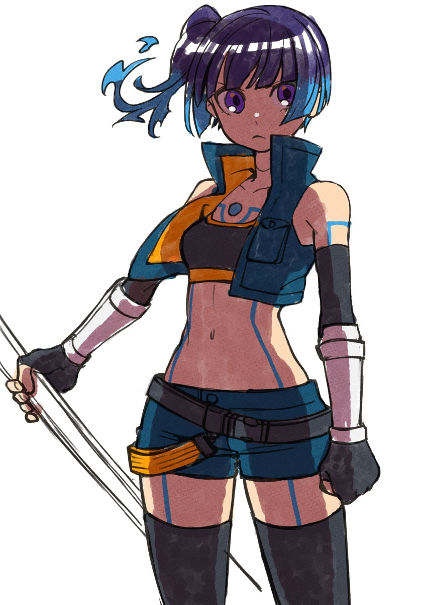 1girl ariazi blue_eyes blue_hair blue_shorts chest_jewel clenched_hand cropped_jacket elbow_gloves fiery_hair fingerless_gloves gloves highres holding holding_weapon midriff navel sena_(xenoblade) shorts side_ponytail sports_bra thighhighs weapon white_background xenoblade_chronicles_(series) xenoblade_chronicles_3