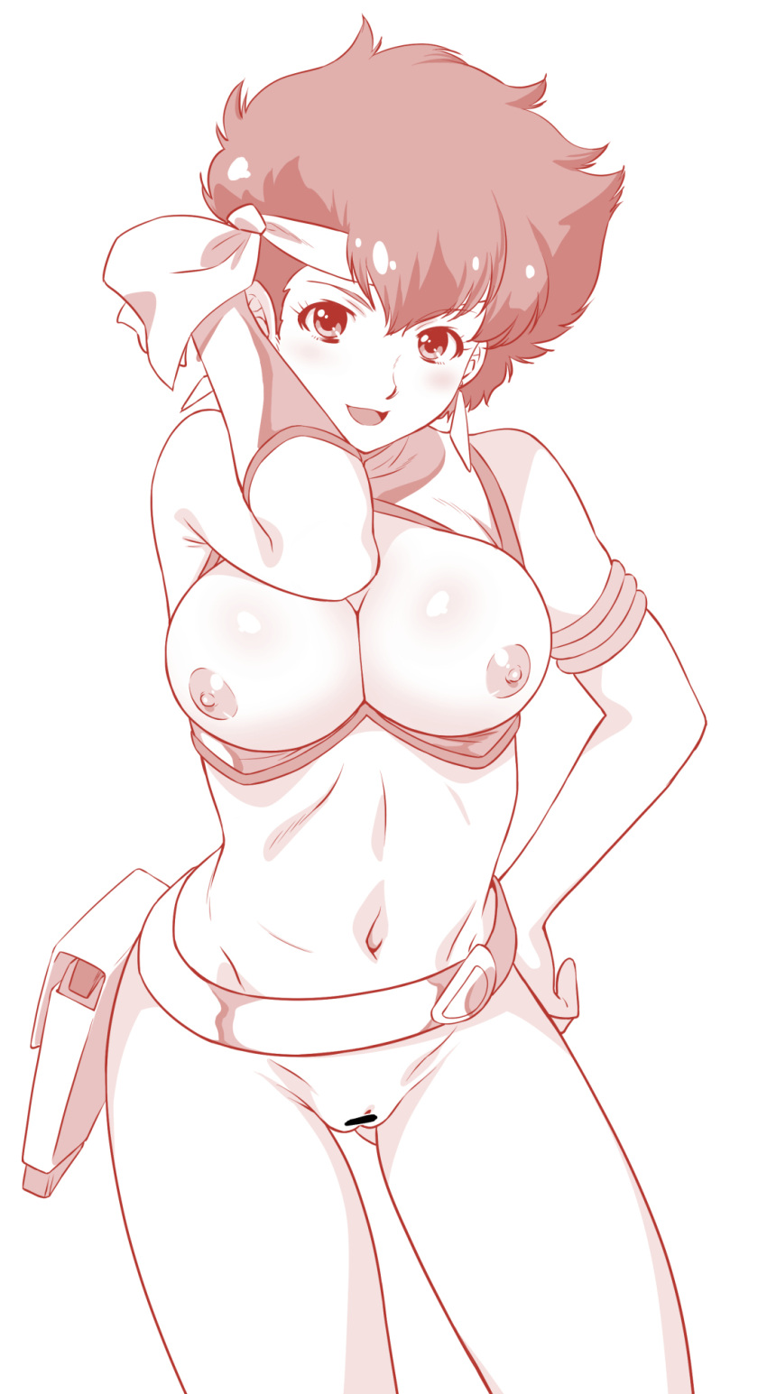 1girl bandana bar_censor belt bottomless breasts breasts_out censored cleavage dirty_pair earrings gloves hand_on_hip highres jewelry kei_(dirty_pair) looking_at_viewer navel nipples no_panties ohtado open_mouth pussy short_hair simple_background single_glove white_background