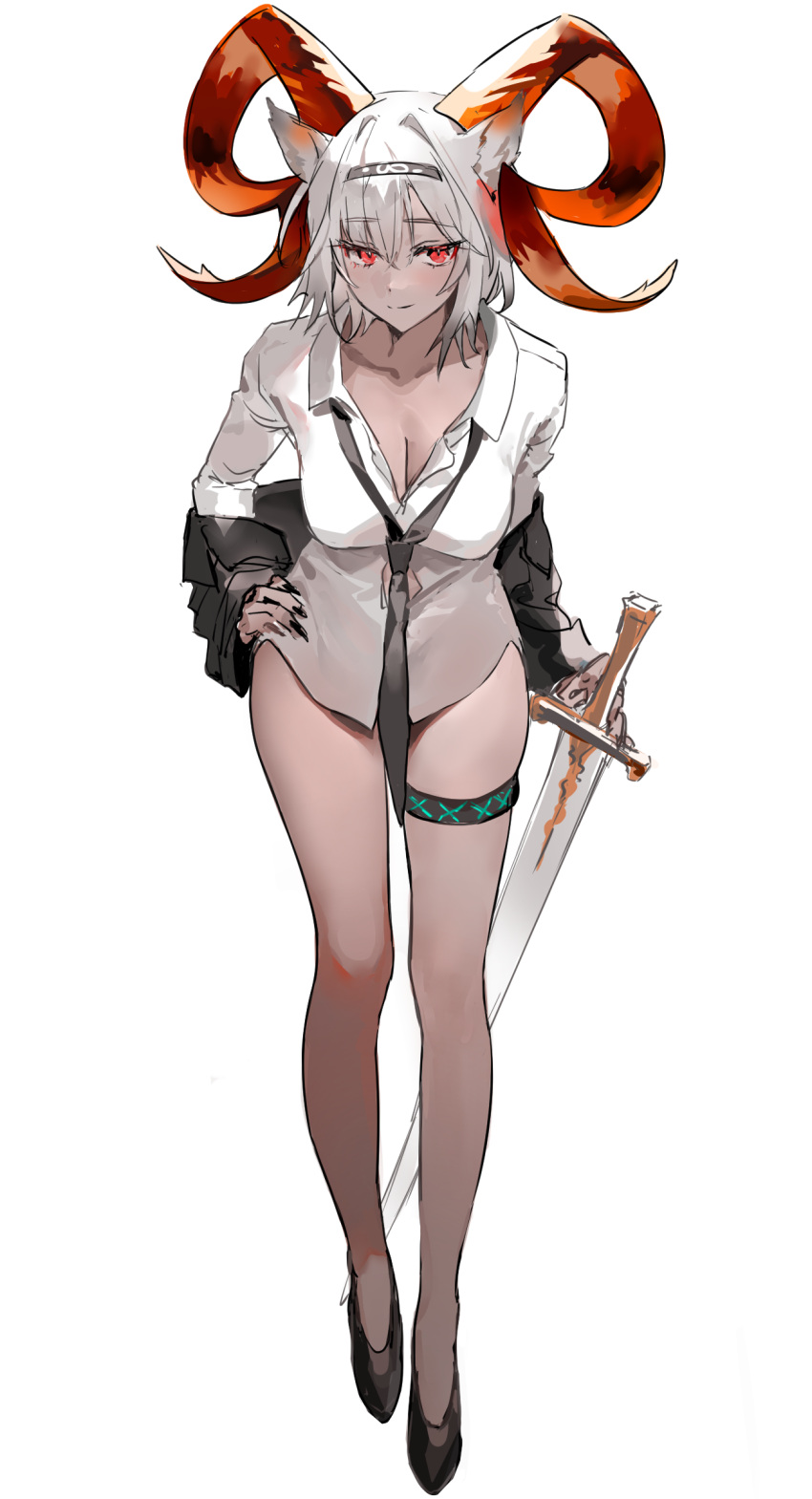 1girl absurdres alternate_costume animal_ears arknights bangs black_necktie bottomless breasts carnelian_(arknights) commentary dark-skinned_female dark_skin english_commentary fingernails full_body goat_ears goat_horns hand_on_hip highres holding holding_sword holding_weapon horns jacket looking_at_viewer medium_breasts muaooooo necktie no_pants off_shoulder open_clothes open_jacket red_eyes sharp_fingernails shirt short_hair solo sword thigh_strap weapon white_background white_hair white_shirt