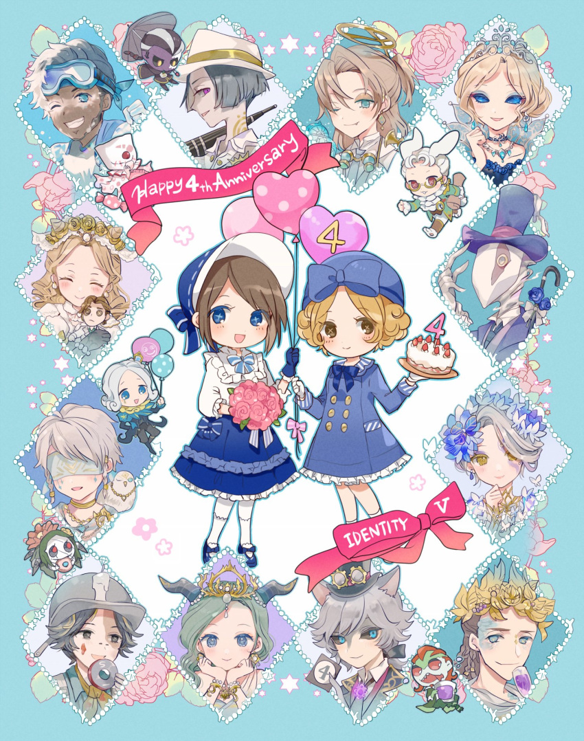 6+boys 6+girls :3 :d animal_ears animal_hands anniversary aqua_eyes arm_up ascot balloon black_gloves black_hair black_necktie black_sclera blindfold blonde_hair blue_dress blue_eyes blue_eyeshadow blue_flower blue_headwear blue_rose blush bonnet bouquet bow bracelet braid brown_eyes cake candle cane cat_ears character_doll chibi closed_eyes collarbone collared_shirt colored_eyelashes colored_sclera colored_skin copyright_name cross-shaped_pupils curly_hair dark-skinned_male dark_skin doll_hug doughnut dress earrings eli_clark eli_clark_("white") emma_woods emma_woods_(boudoir_dream) eric_knikki eyeshadow facial_mark fan_wujiu fiona_gilman fiona_gilman_(ephemeral) flower food freddy_riley freddy_riley_(mr._bunny) frilled_sleeves frills gloves goggles goggles_around_neck goggles_on_headwear green_skin grey_hair hair_over_shoulder half_updo hand_on_own_chin hands_on_own_chin hat head_rest headdress heart_balloon highres holding holding_balloon holding_bouquet holding_photo holding_plate holding_umbrella horns identity_v jack_(golden_tentacle)_(identity_v) jack_(identity_v) jewelry joseph_desaulniers joseph_desaulniers_(moonlight_gentleman) light_green_hair long_hair long_sleeves low_ponytail luca_balsa luca_balsa_(paranormal_detective) luchino_(identity_v) luchino_diruse luchino_diruse_(spring_heated_wine) magnet makeup mary_(identity_v) mary_(night_tides)_(identity_v) mask mechanical_halo memory_(identity_v) memory_(source_of_evil)_(identity_v) monocle multicolored_hair multicolored_skin multiple_boys multiple_girls neckerchief necklace necktie norton_campbell norton_campbell_(jarhead) object_hug oil-paper_umbrella orpheus_(identity_v) photo_(object) pink_eyes pink_flower plate ponytail purple_eyes purple_eyeshadow purple_skin rabbit_ears robbie_(identity_v) robbie_(marshmallow)_(identity_v) rose scales sharp_teeth shirt smile snow star_(symbol) symbol-shaped_pupils teeth tiara top_hat tracy_reznik tracy_reznik_(just_around_the_corner) two-tone_hair two-tone_skin umbrella vera_nair vera_nair_(mnemosyne's_dream) violetta_(identity_v) watch weeping_clown_(identity_v) weeping_clown_(swallow_of_deception)_(identity_v) white_ascot white_blindfold white_gloves white_hair william_ellis william_ellis_(speed_skating) wu_chang wu_chang_(celestial_cycle) x-shaped_pupils xie_bian yellow_eyes yellow_eyeshadow yellow_neckerchief