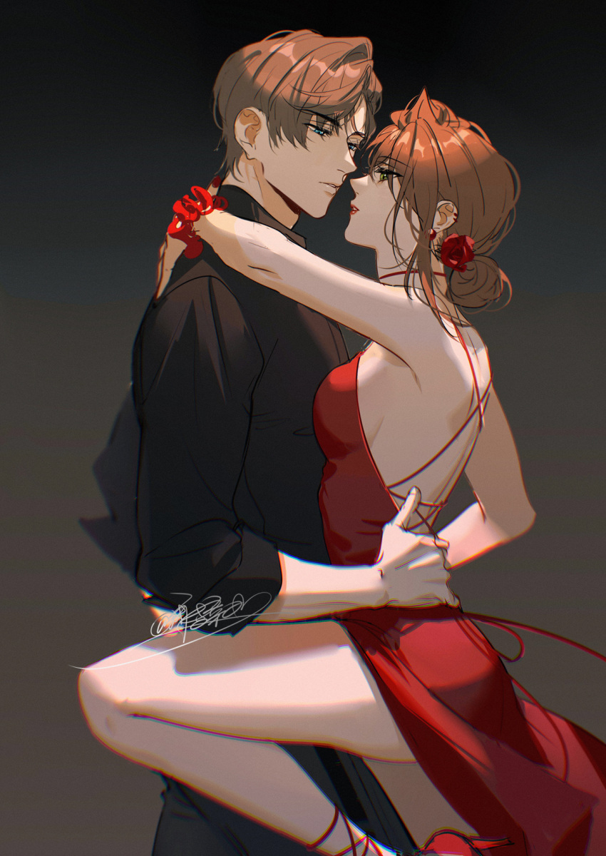 1boy 1girl artem_wing_(tears_of_themis) backless_dress backless_outfit bare_shoulders black_jacket blue_eyes breasts brown_background brown_hair dress flower formal green_eyes hair_bun hair_flower hair_ornament highres jacket lipstick long_sleeves looking_at_another makeup parted_lips red_dress red_flower red_rose rosa_(tears_of_themis) rose short_hair signature single_hair_bun sleeveless sleeveless_dress tang_xinzi tears_of_themis