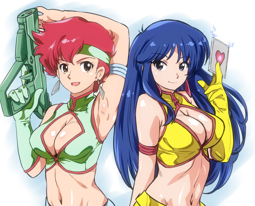 2girls arm_above_head arm_behind_back arm_up armpits bandana blue_eyes blue_hair breasts brown_eyes card cleavage dirty_pair earrings gloves green_gloves gun holding holding_card holding_gun holding_weapon jewelry kei_(dirty_pair) long_hair looking_at_viewer multiple_girls ohtado open_mouth red_hair simple_background single_glove smile weapon white_background yellow_gloves yuri_(dirty_pair)