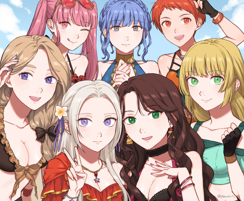 6+girls :d :q artist_name bangs bare_shoulders bikini black_gloves blonde_hair blue_bikini blue_hair blue_sky blunt_bangs blush bracelet braid breasts brown_bikini brown_hair choker cleavage closed_mouth cloud collarbone crown_braid dorothea_arnault earrings edelgard_von_hresvelg eyewear_on_head fingerless_gloves fire_emblem fire_emblem:_three_houses fire_emblem_heroes flower frilled_bikini frills gloves green_eyes grey_eyes hair_flower hair_ornament hair_over_shoulder highres hilda_valentine_goneril ingrid_brandl_galatea jewelry leonie_pinelli long_hair looking_at_viewer marianne_von_edmund medium_breasts mercedes_von_martritz multiple_girls nail_polish official_alternate_costume one_eye_closed open_mouth orange_hair peach11_01 pink_eyes pink_hair pink_nails purple_eyes purple_nails red_one-piece_swimsuit short_hair sky smile swept_bangs swimsuit tongue tongue_out twitter_username v white_flower white_hair