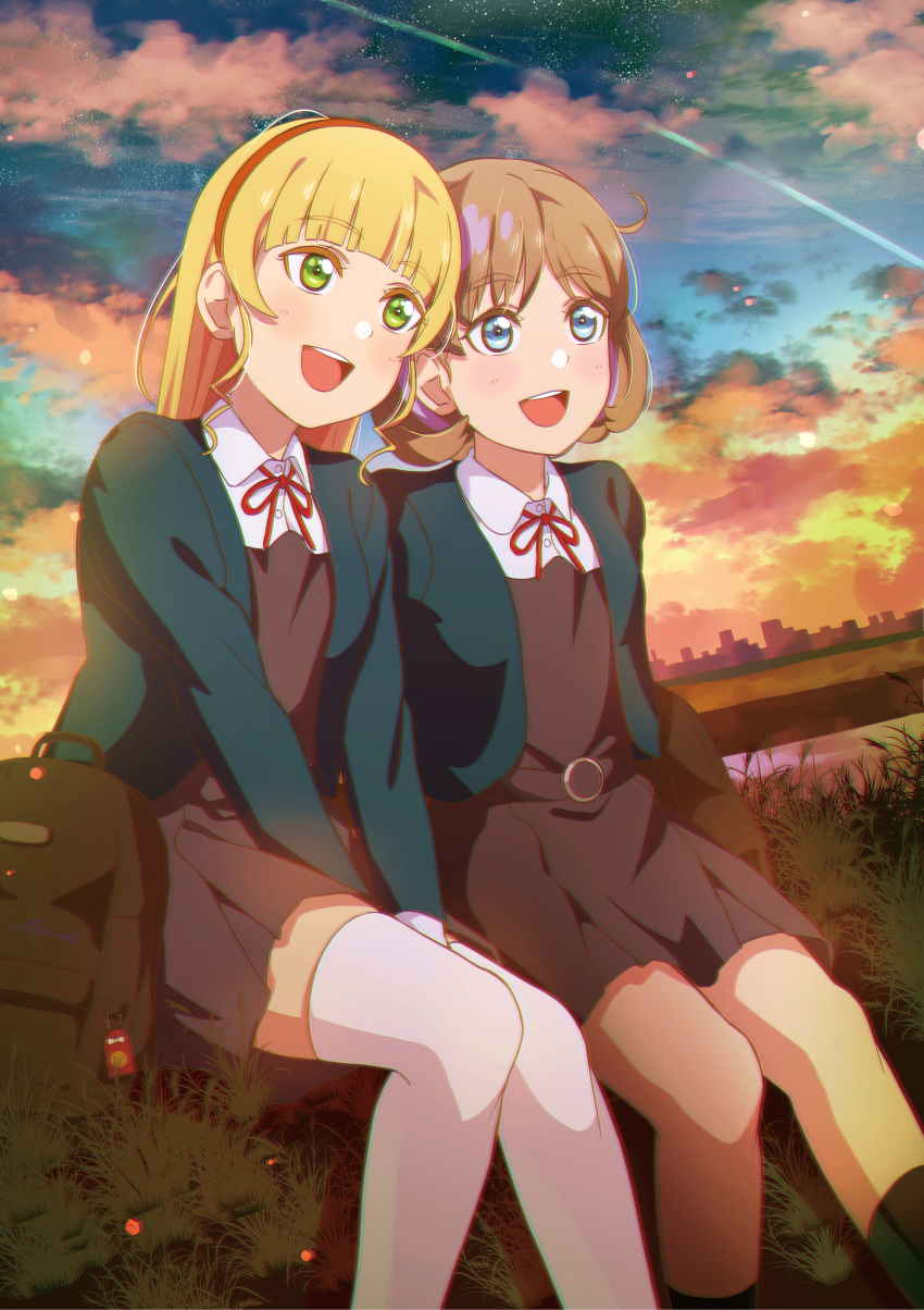 2girls absurdres al_aoi_aoba bangs blonde_hair blue_eyes blue_jacket blunt_bangs chromatic_aberration collared_shirt commentary_request dress green_eyes grey_dress hairband heanna_sumire highres jacket light_blush light_brown_hair long_sleeves looking_afar looking_up love_live! love_live!_superstar!! multiple_girls neck_ribbon open_clothes open_jacket open_mouth orange_hairband pinafore_dress red_ribbon ribbon school_uniform shirt sitting smile sunset tang_keke teeth thighhighs upper_teeth white_shirt white_thighhighs yuigaoka_school_uniform zettai_ryouiki