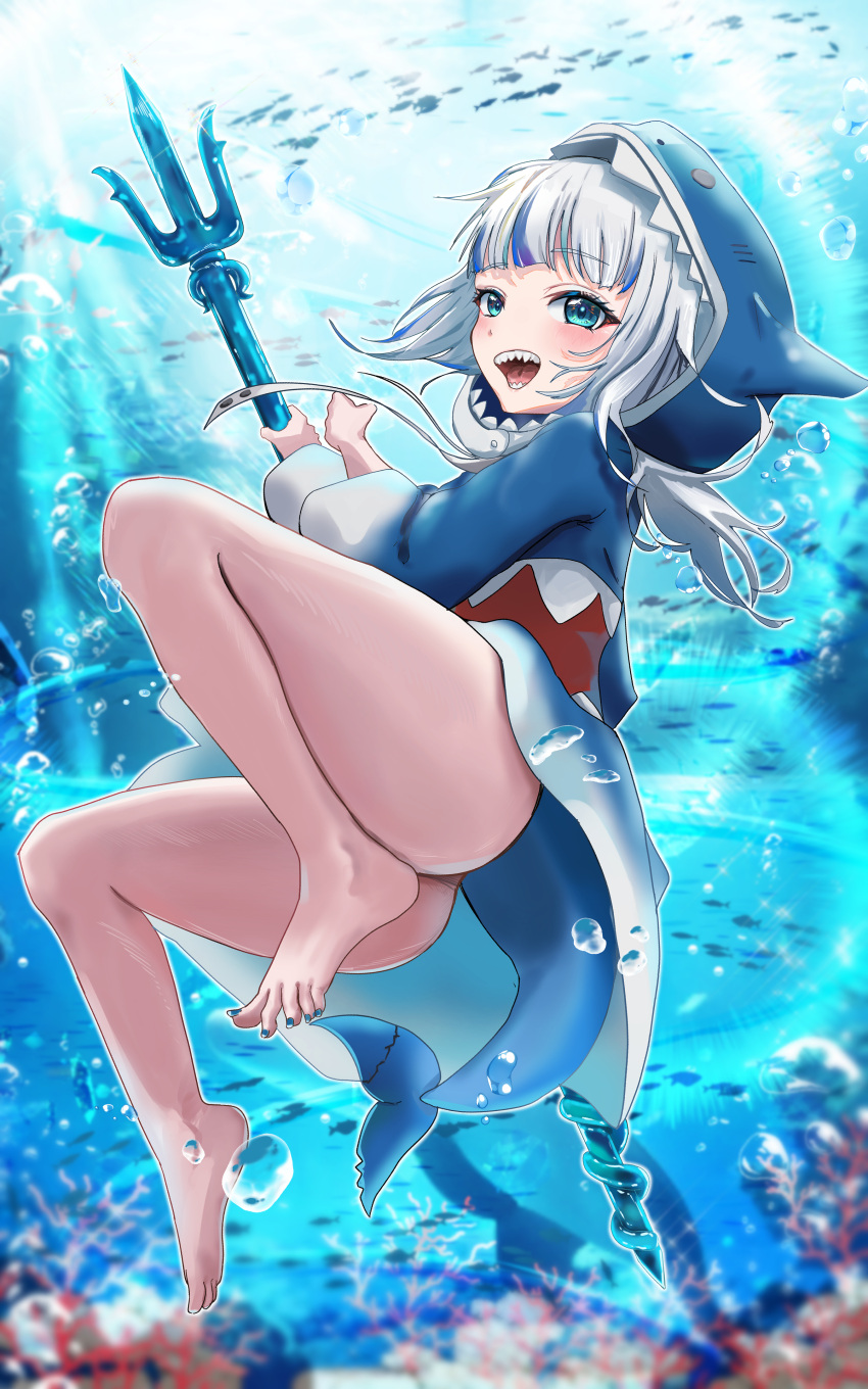 1girl absurdres animal_hood ass bangs barefoot blue_eyes blue_hair blue_hoodie blunt_bangs bottomless commentary_request eyelashes feet fish fish_tail full_body gawr_gura grey_hair hands_up hasesecond highres holding hololive hololive_english hood hoodie legs long_hair long_sleeves mixed-language_commentary multicolored_hair nail_polish ocean polearm print_hoodie shark_girl shark_hood shark_print shark_tail sharp_teeth soles solo spread_toes streaked_hair tail teeth thighs toenail_polish toenails toes trident underwater virtual_youtuber weapon