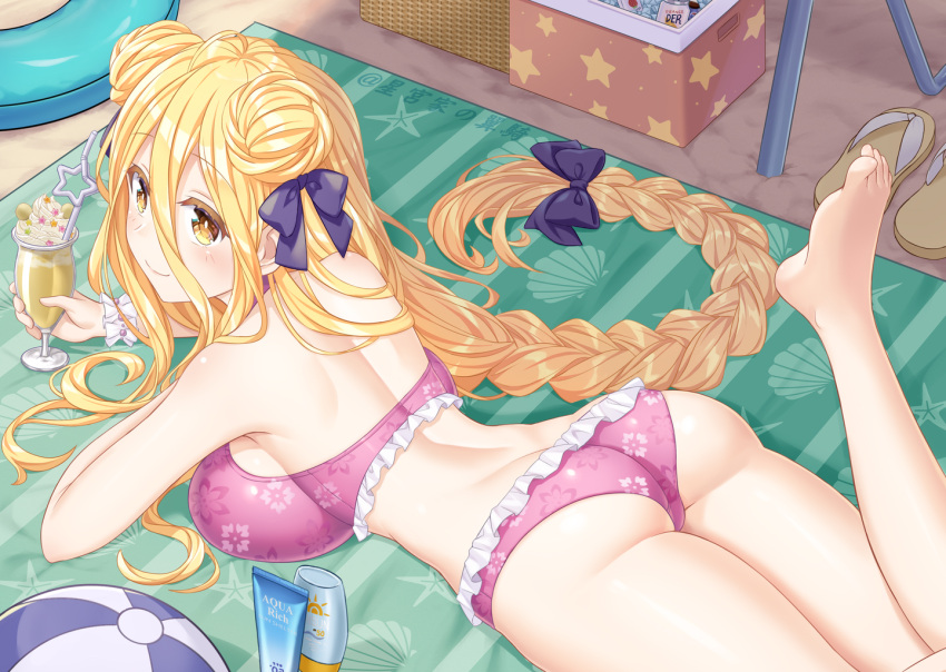 1girl ass beach beach_towel bikini blonde_hair blush bow braid breasts cooler date_a_live double_bun drink frilled_bikini frills hair_between_eyes hair_bow hair_bun hoshimiya_mukuro large_breasts long_hair looking_back lotion low-tied_long_hair lying on_stomach purple_bikini sandals sideboob single_braid smile solo strapless strapless_bikini sunscreen swimsuit thighs towel tsubasaki very_long_hair wristband yellow_eyes