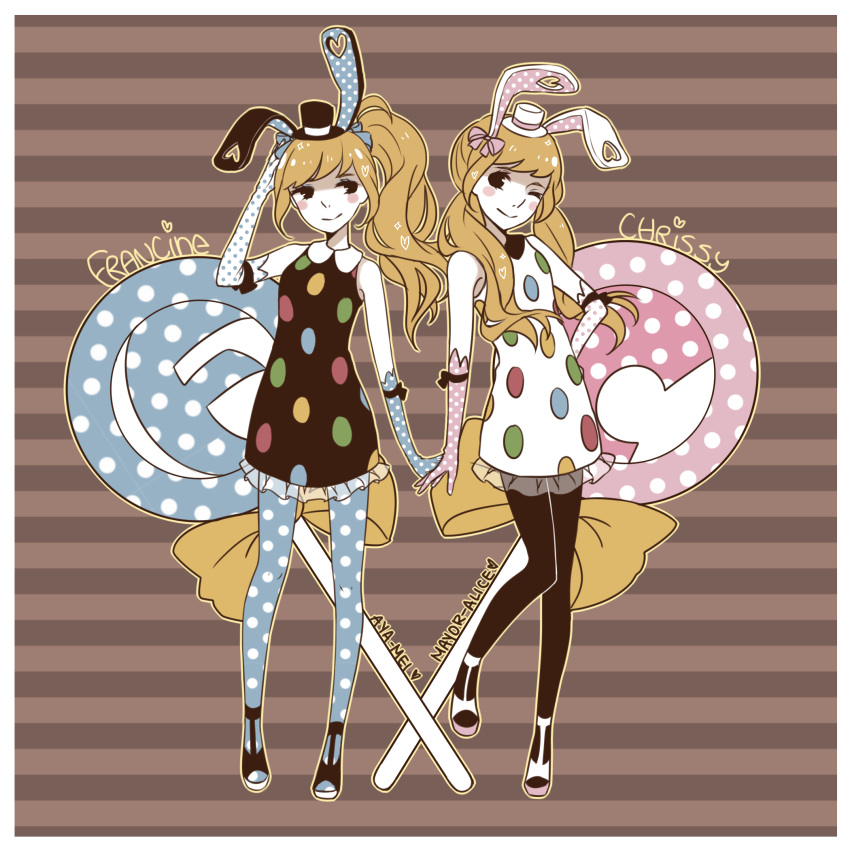 2girls animal_crossing animal_ears artist_name aya_(8819062) black_eyes blonde_hair blue_pants candy chrissy_(animal_crossing) cup dress earrings eating eyeshadow fake_animal_ears food francine_(animal_crossing) hat heart heart_earrings highres holding jewelry lollipop long_hair looking_at_viewer makeup multiple_girls pants personification polka_dot polka_dot_dress ponytail popsicle twintails