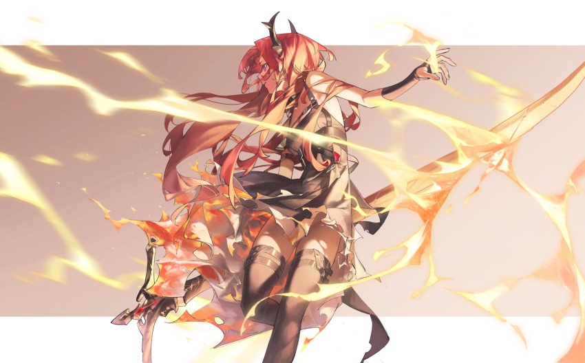 absurdres arknights black_dress dress fingerless_gloves fire gloves highres holding holding_weapon horns looking_to_the_side purple_eyes red_hair scythe surtr_(arknights) thighhighs weapon wushier