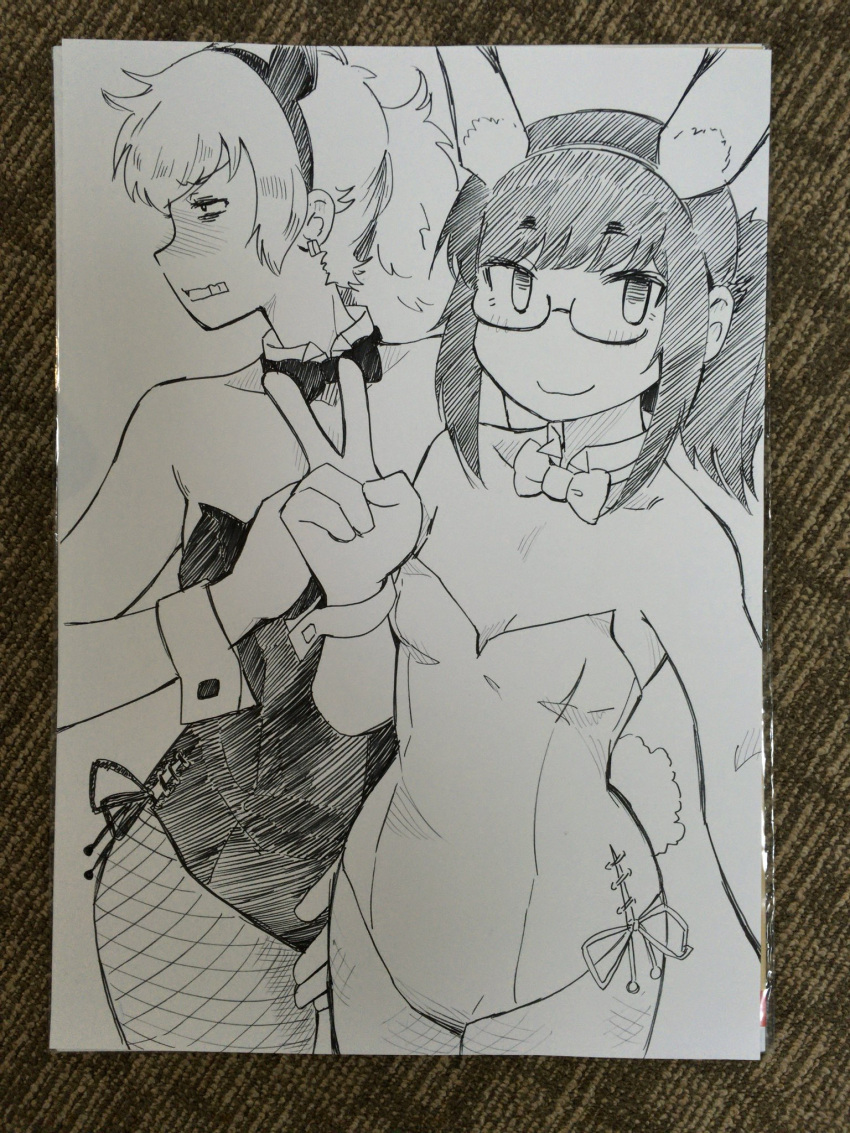 2girls afunai animal_ears bow bowtie breasts clenched_teeth detached_collar fake_animal_ears fake_tail fishnet_pantyhose fishnets glasses greyscale hairband highres leotard millipen_(medium) monochrome multiple_girls original pantyhose photo_(medium) playboy_bunny ponytail rabbit_ears rabbit_tail sidelocks small_breasts smile tail teeth traditional_bowtie traditional_media
