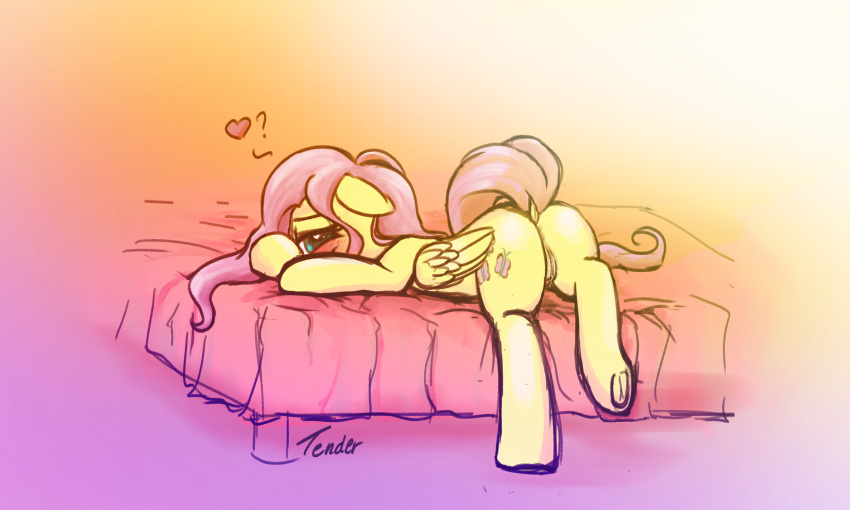 &lt;3 anus ass_up bed bedroom bedroom_eyes blush butt cutie_mark digital_media_(artwork) dock embarrassed equid equine eyelashes feathered_wings feathers female feral fluttershy_(mlp) folded_wings friendship_is_magic furniture genitals hair half-closed_eyes hasbro hi_res hooves humanoid_genitalia humanoid_pussy looking_back mammal my_little_pony narrowed_eyes pegasus pink_hair pink_tail presenting presenting_hindquarters presenting_pussy pussy question_mark raised_tail rear_view seductive shy solo tenderstorm underhoof wings yellow_body