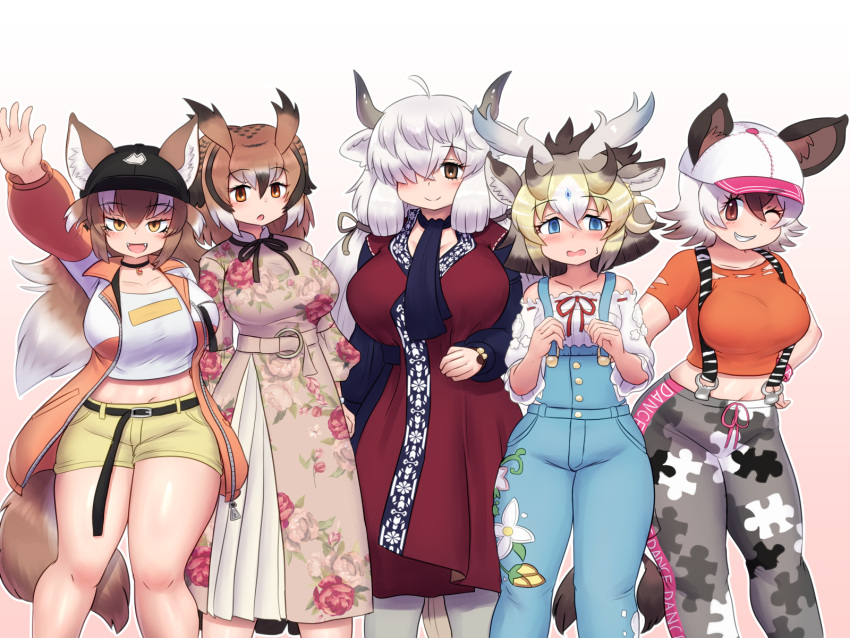 5girls ;) ahoge alternate_breast_size animal_ears arm_at_side arm_up arms_at_sides bangs bare_arms bare_shoulders baseball_cap black_hair black_horns blonde_hair blue_eyes blush breasts brown_eyes brown_hair closed_mouth collar collarbone crop_top cropped_shirt dress ears_through_headwear empty_eyes eurasian_eagle_owl_(kemono_friends) extra_ears fangs feet_out_of_frame floral_print giraffe_ears giraffe_girl gradient gradient_background grey_horns grin hair_between_eyes hair_ribbon hand_on_hip hands_up hat highres horns huge_breasts jacket japanese_wolf_(kemono_friends) kemono_friends kemono_friends_3 large_breasts legs_apart long_bangs long_dress long_hair long_sleeves medium_hair midriff mo23 multicolored_hair multicolored_horns multiple_girls navel neck_ribbon nervous official_alternate_costume okapi_(kemono_friends) okapi_ears okapi_tail one_eye_closed open_clothes open_jacket open_mouth outstretched_arm outstretched_hand overalls owl_ears ox_ears ox_horns pants pantyhose parted_lips print_dress ribbon scarf shirt short_shorts short_sleeves shorts side-by-side sivatherium_(kemono_friends) smile standing stomach suspenders t-shirt tail torn_clothes torn_shirt tsurime very_long_hair white_hair wolf_ears wolf_girl wolf_tail yak_(kemono_friends)