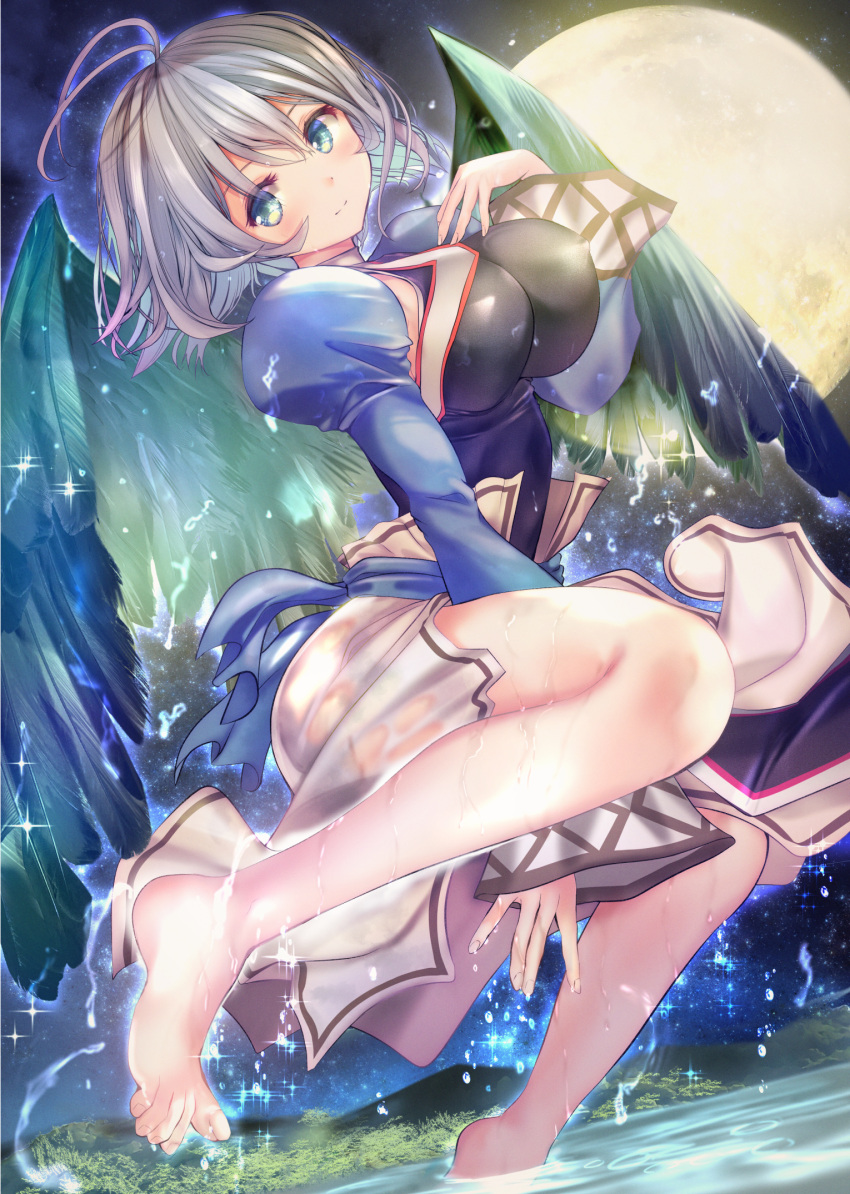 1girl antenna_hair aqua_eyes bare_legs barefoot breasts covered_nipples feathered_wings flying grey_hair hair_between_eyes hand_on_own_chest highres kamyu large_breasts long_sleeves looking_at_viewer medium_hair moon night ogata_tei skirt smile thighs toes utawarerumono utawarerumono:_itsuwari_no_kamen wading water wet wings